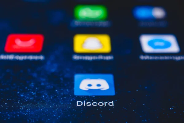 스크린 스마트폰에 아이콘입니다 디스크 Discord 텍스트 이미지 비디오 오디오 통신을 — 스톡 사진