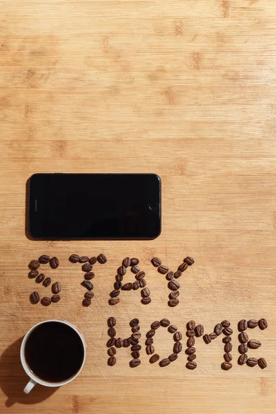 Slogan Stay Home Inscription Lined Roasted Coffee Beans Warm Homemade — Stock Photo, Image