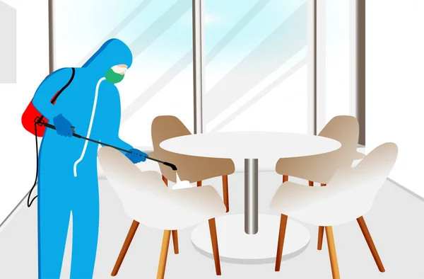 Illustration Vector Graphic Disinfectant Worker Tries Cleaning Meeting Room Sterilization — Stock Vector