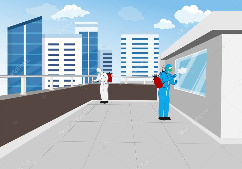 Illustration vector graphic of Disinfectant workers tries to clean the office at the outdoor rooftop, sterilization coronavirus or COVID-19.