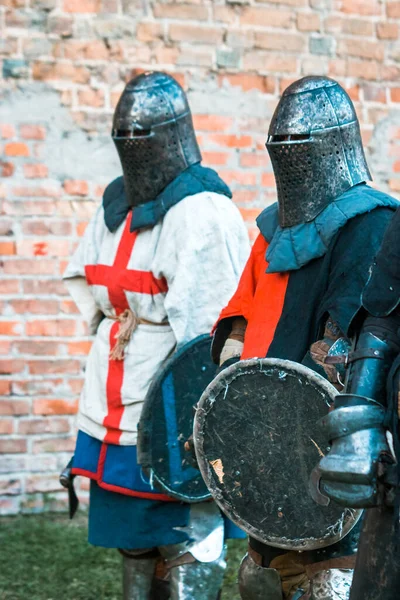 Two Medieval Knights Armor Cross Imitation Restoration Military Operations Fights Royalty Free Stock Images