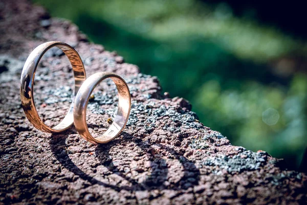 Anéis Casamento Pedra Fundo Verde Gramado Preparação Para Casamento — Fotografia de Stock