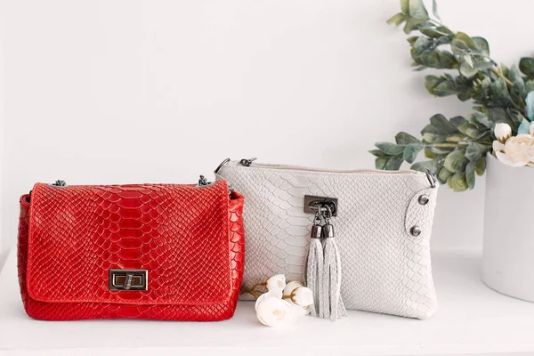 Two Women Bags Red White White Background — стоковое фото