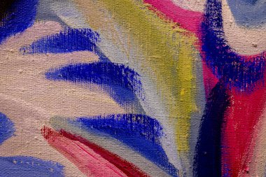 Resmin renkli bir parçası. Fırça ve palet bıçak darbeleriyle yağlı boya dokusu. Çok renkli duvar kâğıdı. Makro akrilik arka planı kapat. Modern sanat konsepti. Yatay Parça.