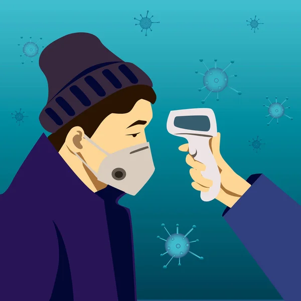 Vektör çizimi. Koronavirüs teması. Asya görünümlü genç bir adam. Sıcaklık ölçüsü. Düz çizim. Salgın hastalık. Covid-19 virüsü. Tıbbın Teması