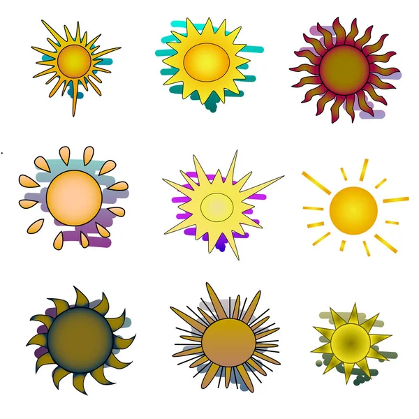 Vektör güneş simgeleri. Beyaz bir arka planda izole edilmiş. Parlak renkli güneş. Farklı güneşli şekillerde. Farklı havalarda güneş. Güneşli bir hava. Kartpostal tasarımı, web siteleri, hava tahminleri için