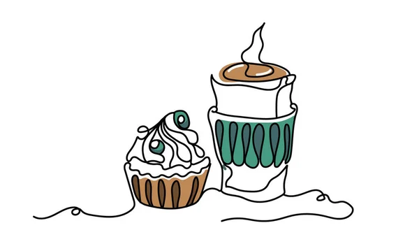 Beyaz arka planda izole edilmiş doğrusal ve kahve vektörü illüstrasyonu. Çeşitli kahve içecekleri latte, cappuccino, espresso. Serbest çizim. Logonuz için kahve illüstrasyonu. Kekler ve kahve.