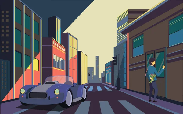 Sokak borsası illüstrasyonu. Elinde çiçek buketi olan bir adam kapıyı çalıyor. Stock Illustration gece sokağı, araba, adam. Megalopolis caddesinde bir pnightoint perspektifinde. 