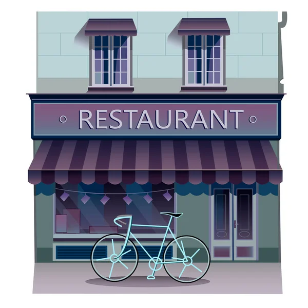 Bina vektör çizimi beyaz arkaplanda izole edildi. Restoran stok çizimi. Mor renkte restoran binası. Kafe lokantasının ön cephesi, restoran. Binanın yanında bisikletler var.