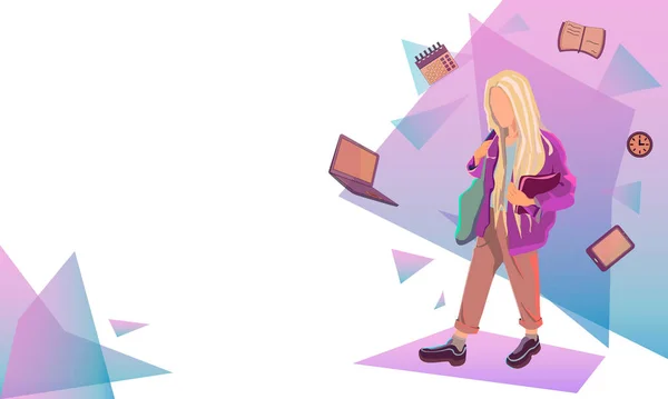 Yung kızının vektör çizimi. konsept sonra kız ve onun çalışmaları. Üniversitede, okulda, uzaktan öğrenim konulu afiş. Kız çalışmayı, çalışmayı düşünüyor. dizüstü bilgisayar, takvim