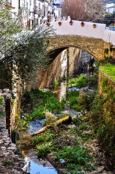 Nehir boyunca kil saksılarla süslenmiş eski taş köprü. Beyaz evleri olan dağlık bir İspanyol köyünde.