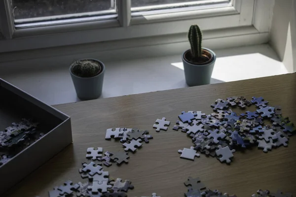 Empilement Pièces Puzzle Côté Boîte Une Fenêtre Lumineuse Avec Cactus — Photo