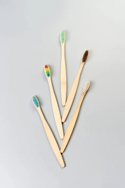 bamboo eco toothbrush. Natural wooden dentist care. Top view