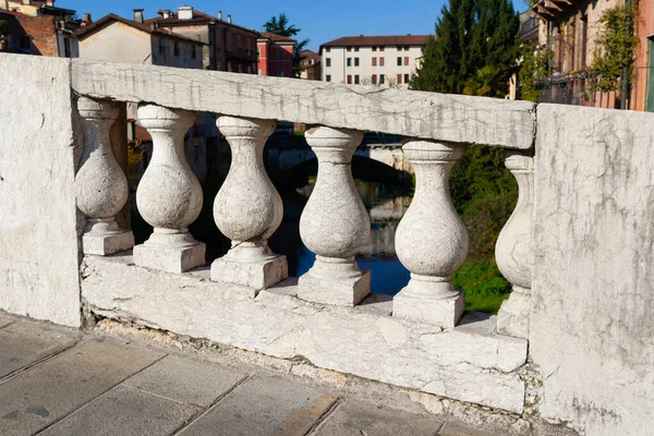 ヴィチェンツァのサン ミケーレ池の柵の近くにあります この構造はヴェネツィアの橋に触発されています 背景には 歴史的中心部の古代の建物を垣間見ることができます イタリア — ストック写真