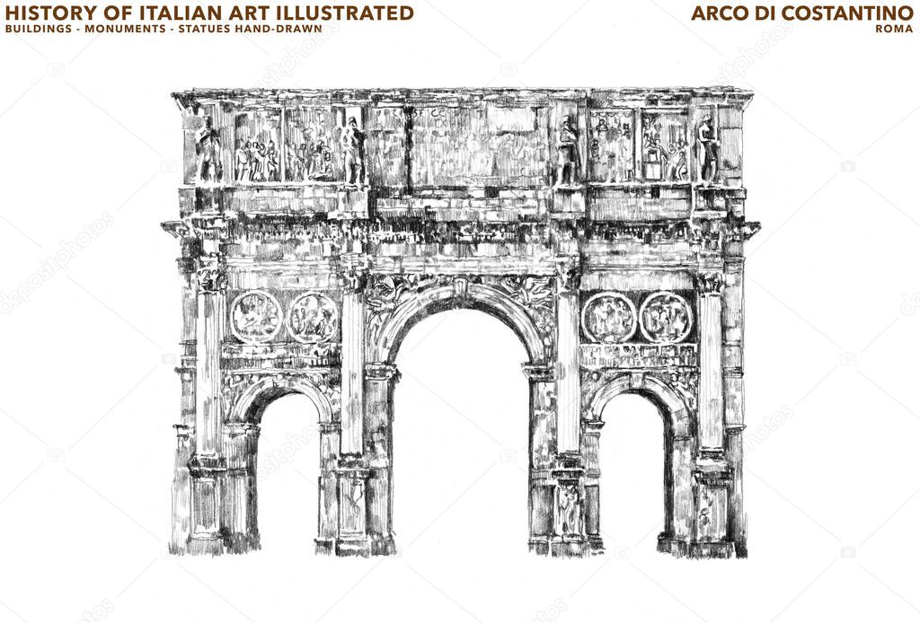 A frontal sketch of the arch of Constantine at the Roman Forum. The triumphal gate is short distance from the Colosseum, it is one of the major tourist destinations of Rome of the imperial era. Italy.