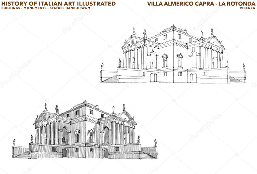 Sketches of La Rotonda villa, designed by Andrea Palladio. This building in an important example of Italian Renaissance architecture. Palladio was inspired by the Pantheon of Rome. Vicenza, Italy