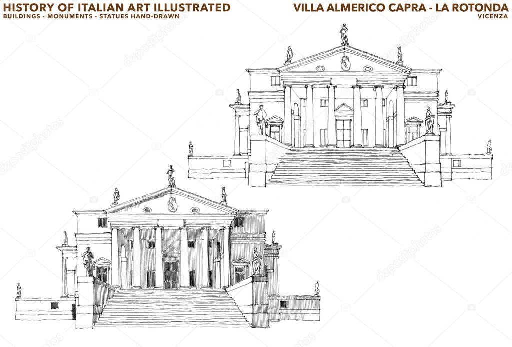 Sketches of La Rotonda villa, designed by Andrea Palladio. This building in an important example of Italian Renaissance architecture. Palladio was inspired by the Pantheon of Rome. Vicenza, Italy