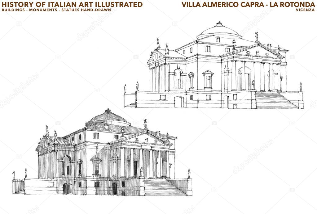 Sketches of La Rotonda villa, designed by Andrea Palladio. This building in an important example of Italian Renaissance architecture. Palladio was inspired by the Pantheon of Rome. Vicenza, Italy