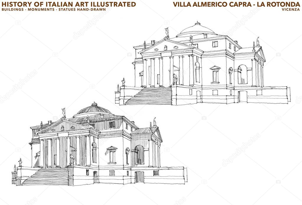 Sketches of La Rotonda villa, designed by Andrea Palladio. This building in an important example of Italian Renaissance architecture. Palladio was inspired by the Pantheon of Rome. Vicenza, Italy.