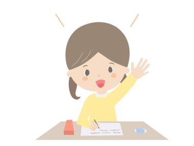 Ders sırasında elini kaldıran bir kızın şirin bir resmi.