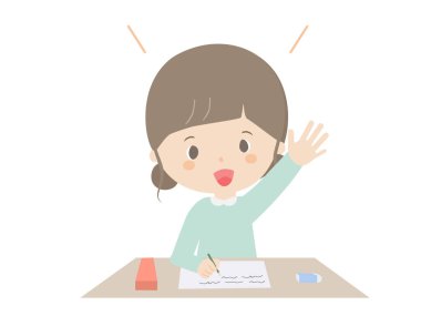 Ders sırasında elini kaldıran bir kızın şirin bir resmi.