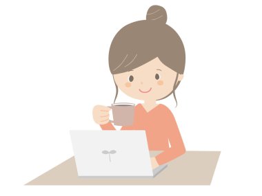 Bilgisayara bakarken kahve içen bir kadının hoş bir çizimi..