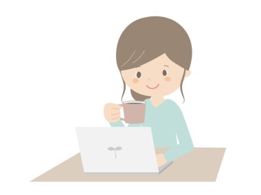 Bilgisayara bakarken kahve içen bir kadının hoş bir çizimi..