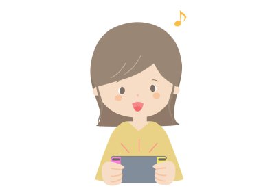 Taşınabilir oyun konsolunda oynayan bir kadının şirin bir çizimi.