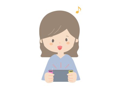 Taşınabilir oyun konsolunda oynayan bir kadının şirin bir çizimi.