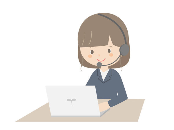A cute illustration of a business woman wearing a headset and using a laptop
