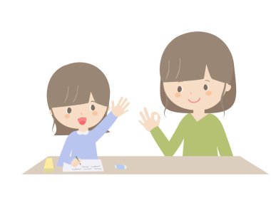 Evde eğitim gören bir kız ve annenin çizimi..