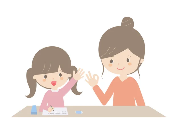 Una Ilustración Una Niña Una Madre Haciendo Estudio Casa — Vector de stock