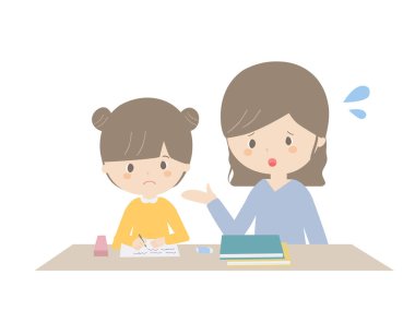 Bu, başı dertteyken ev ödevi öğrenen bir kız ve annenin çizimi..