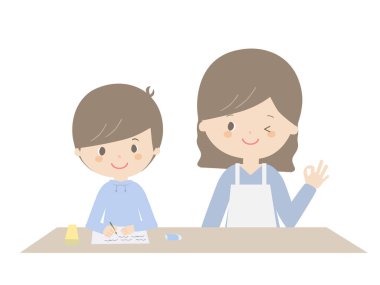 Bir anne tarafından izlenirken ders çalışan bir çocuğun çizimi..