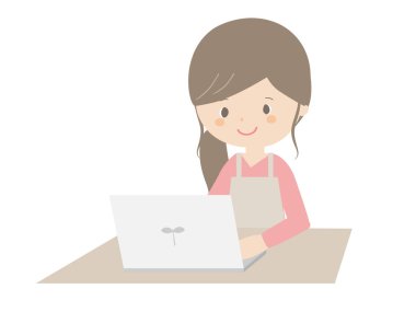 Önlük takan genç bir kadının dizüstü bilgisayarla çalışması..