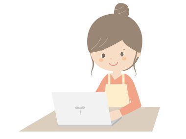 Önlük takan genç bir kadının dizüstü bilgisayarla çalışması..
