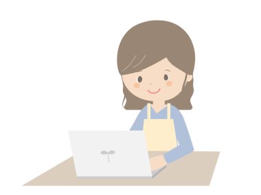 Önlük takan genç bir kadının dizüstü bilgisayarla çalışması..