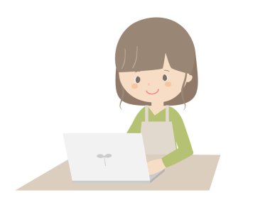 Önlük takan genç bir kadının dizüstü bilgisayarla çalışması..