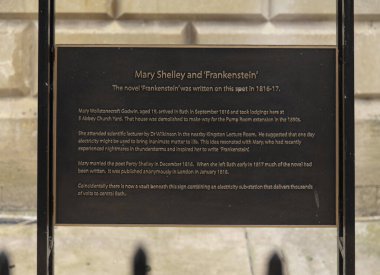 Bath, Somerset, İngiltere, 22 Şubat 2019, Mary Shelley 'nin Frankenstei' yi yazdığı yere anıt plaket.