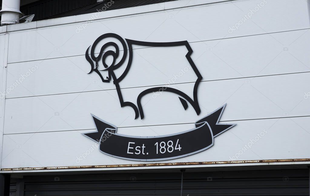 Logo at the entrance of Derby County FC, Derby, Derbyshire, UK - 3rd April 2018