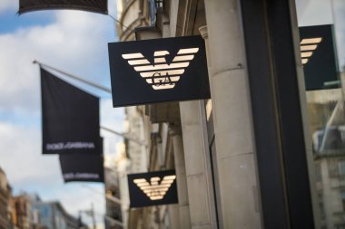 London, Greater London, United Kingdom, 7th February 2018, A sign and logo for Giorgio Armani on Bond Street store clipart