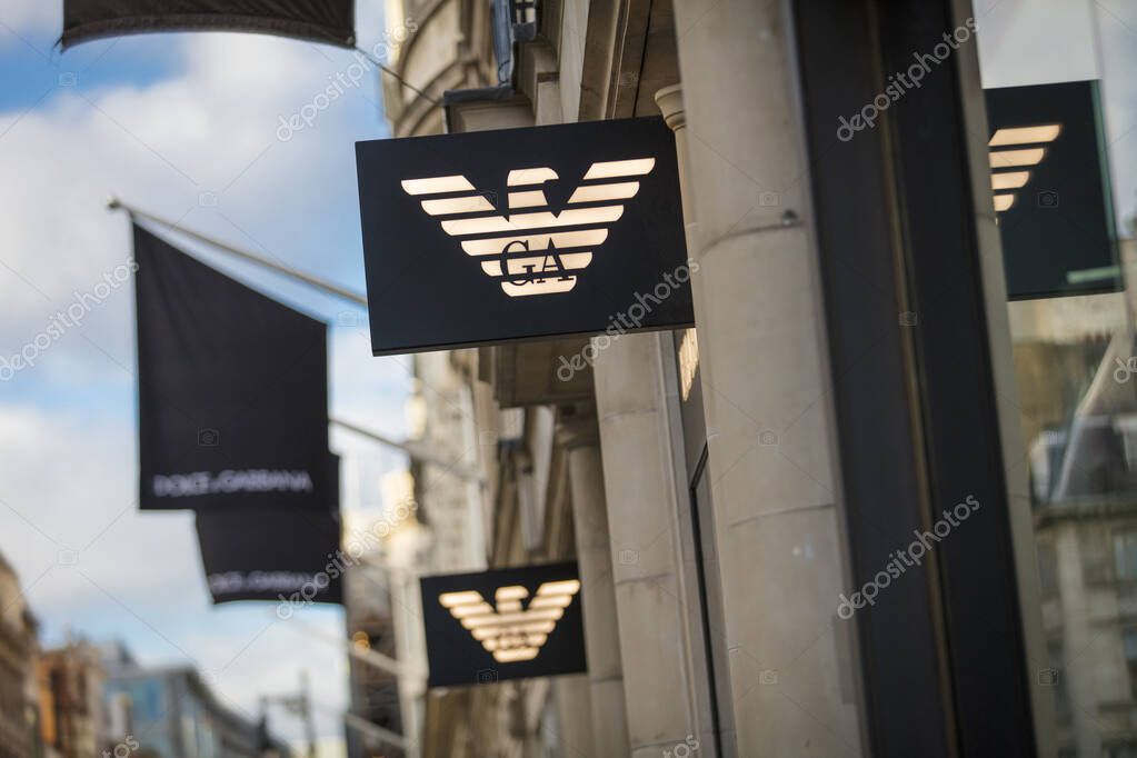 London, Greater London, United Kingdom, 7th February 2018, A sign and logo for Giorgio Armani on Bond Street store