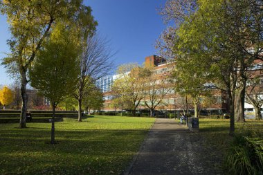 Manchester, Greater Manchester, İngiltere, Ekim 2013, Tüm Saint Park 'tan Manchester Metropolitan Üniversitesi' nin kütüphanesinin manzarası