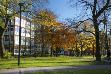 Manchester, Greater Manchester, İngiltere, Ekim 2013, Tüm Saint Park 'tan Manchester Metropolitan Üniversitesi' nin kütüphanesinin manzarası