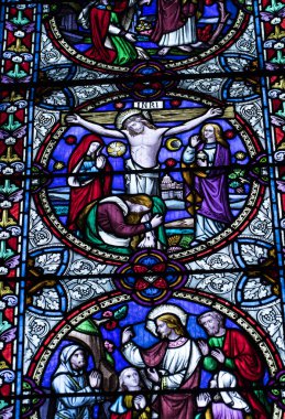 Hexham, Northumberland, Birleşik Krallık, 9 Mayıs 2016, Hexham Abbey 'deki vitraylı pencere