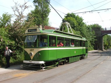Crich Ulusal Tramvay Müzesi 'nde eski bir tramvay - Haziran 2006, Crich, Derbyshire, Birleşik Krallık