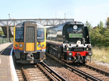 Britanya Savaşı sınıfı buharlı lokomotif. 34067 Tangmere Sunny South Special 'da Dorchester South' dan Weymouth 'a 19 Ağustos 2009 - Dorchester İstasyonu, İngiltere