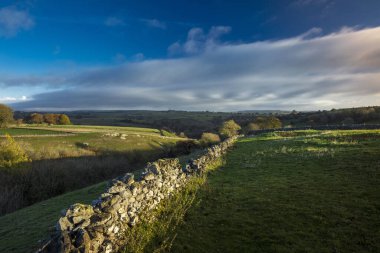Dawn, Buxton yakınlarındaki Derbyshire, İngiltere 'deki Peak District Ulusal Parkı' nda Millers Dale ve Chee Dale 'i çevreleyen tepelere bakıyor.
