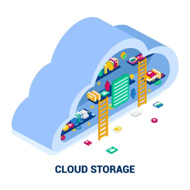Bulut hizmeti çevrimiçi medya dosyaları yedekleme veri depolaması için modern 3D düz tasarım izometrik vektör kavramı. Bulut şekilli kütüphane rafları ve merdivenlerdeki insanlar disk bilgisine bir veri dizini yüklüyor.