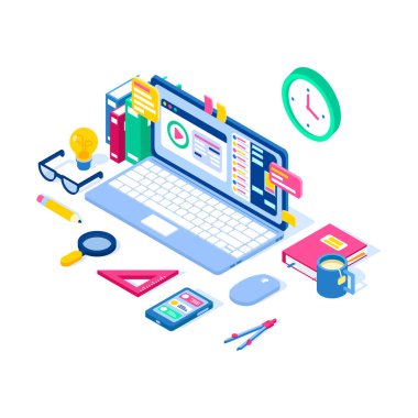 Öğrenci ve ofis çalışanlarının detaylı eğitim masası. Web afişi, bilgi aktarımı için kullanılabilir. Düz izometrik vektör çizimi beyaz arkaplanda parlak renklerde izole edildi. Antrenman. Eğitim.